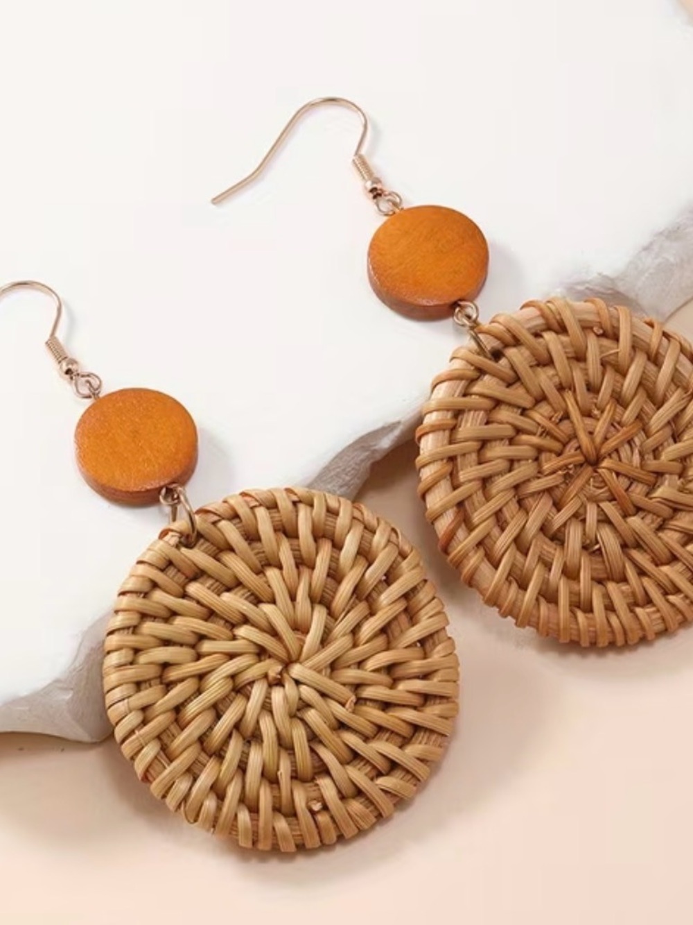 Natural Tan Woven Rattan Drop Earrings - Brand